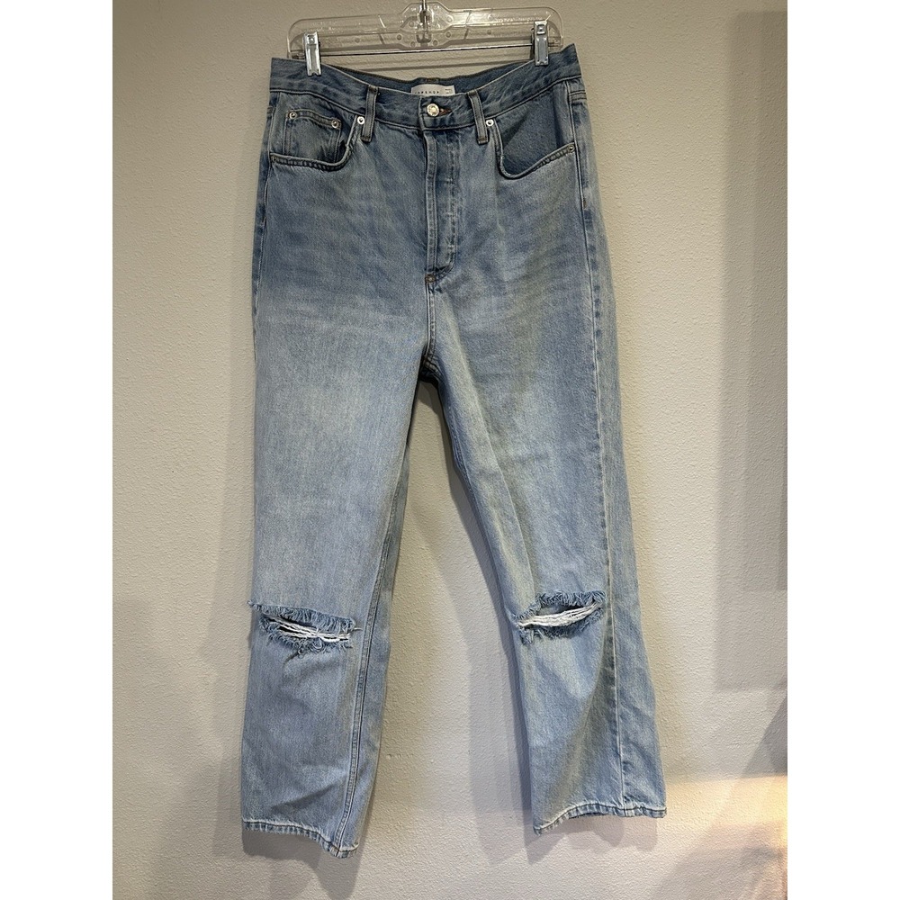 Topshop Denim Straight Distressed Size 34x30 Button Fly No Stretch Light Wash